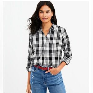 NWT LOFT Plaid Everyday Shirt Button down Black White Long Sleeve size Large